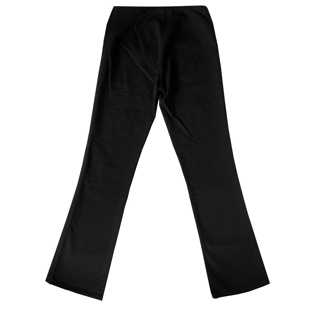 Chrome Hearts black denim pants From early 2000’s mid rise denim pants with 4 Chrome Hearts logo sterling silver front button closure. Buttons attached with screw back. CH signature appliqué fleur du lis patch at front knees, interior Leather Chrome Hearts USA banner embossed patch. Size: 26R