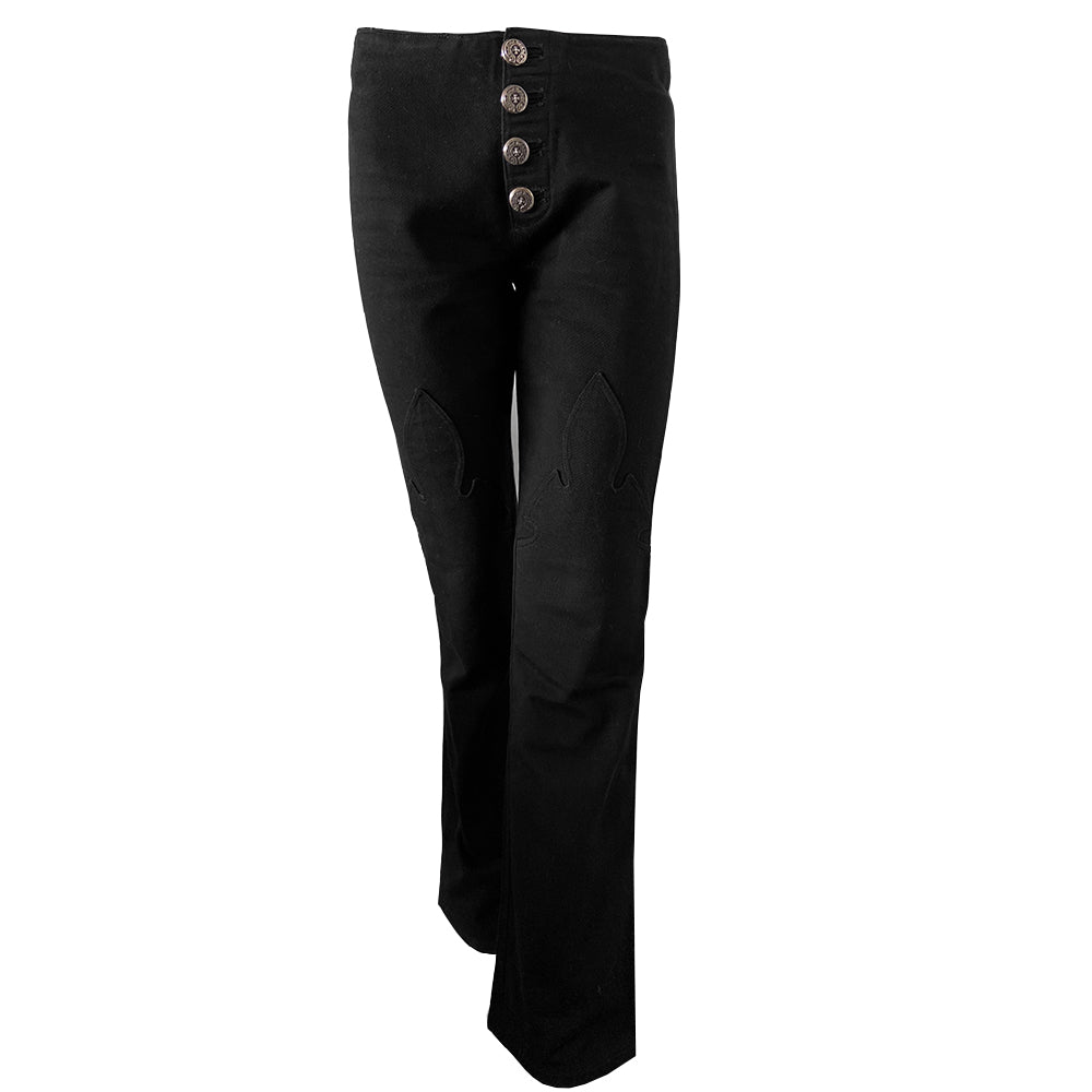 Chrome Hearts black denim pants From early 2000’s mid rise denim pants with 4 Chrome Hearts logo sterling silver front button closure. Buttons attached with screw back. CH signature appliqué fleur du lis patch at front knees, interior Leather Chrome Hearts USA banner embossed patch. Size: 26R