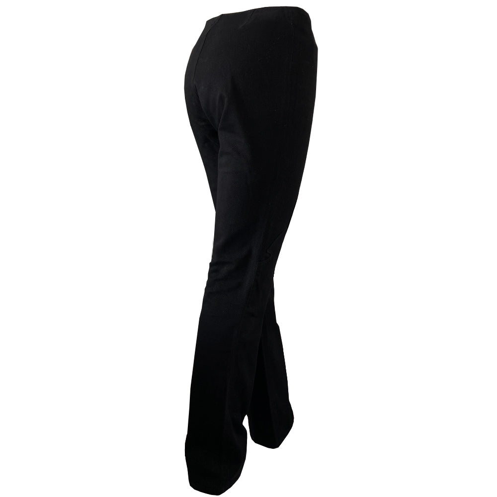 Chrome Hearts black denim pants From early 2000’s mid rise denim pants with 4 Chrome Hearts logo sterling silver front button closure. Buttons attached with screw back. CH signature appliqué fleur du lis patch at front knees, interior Leather Chrome Hearts USA banner embossed patch. Size: 26R