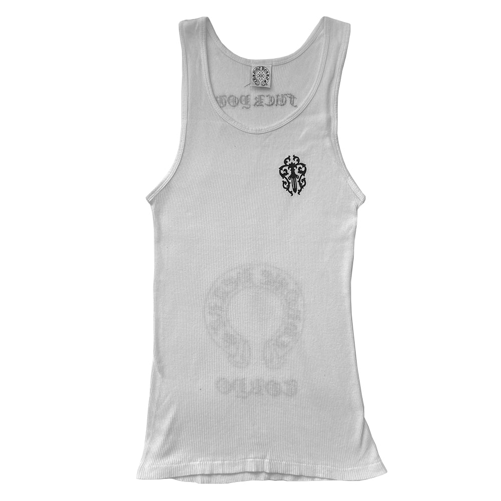 Chrome Hearts white Tokyo dagger tank from early 2000’s. Front dagger design at chest with Fuck You, Chrome Hearts logo scroll, Tokyo in back. Made in USA