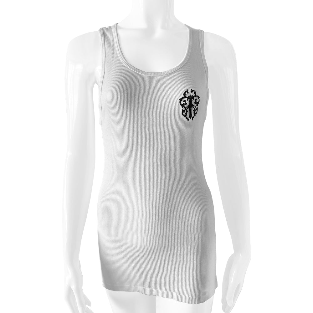 Chrome Hearts white Tokyo dagger tank from early 2000’s. Front dagger design at chest with Fuck You, Chrome Hearts logo scroll, Tokyo in back. Made in USA