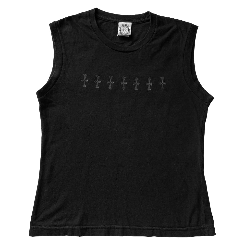 Chrome Hearts black with white crosses sleeveless tee circa early 2000’s with crew neck and a line of 7 small painted crosses at upper chest, Chrome Hearts scroll logo at bottom hem. Made in USA