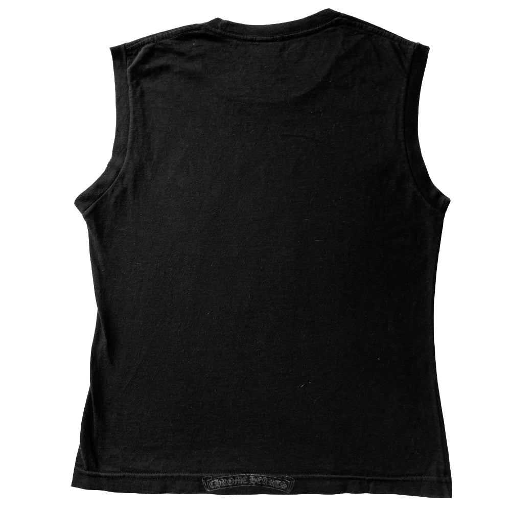 Chrome Hearts black with white crosses sleeveless tee circa early 2000’s with crew neck and a line of 7 small painted crosses at upper chest, Chrome Hearts scroll logo at bottom hem. Made in USA