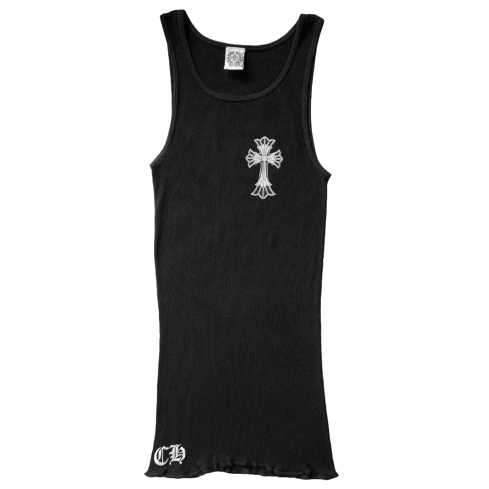 Chrome Hearts black with white double layer cross tank circa early 2000’s with double layer of small white cross on top of outlined cross at chest with CH logo at front lower hem and large double layered cross design in back. Chrome Hearts scroll logo banner below Size: S Made in USA