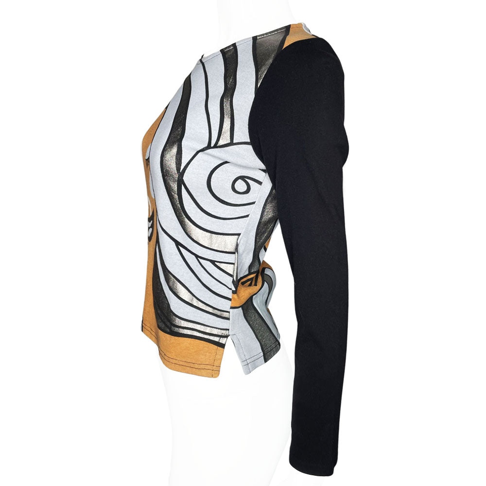 Custo Barcelona circa 1990's long sleeve crewneck tee featuring a woman's face with swirls of hair in grey and silver, solid black sleeves.