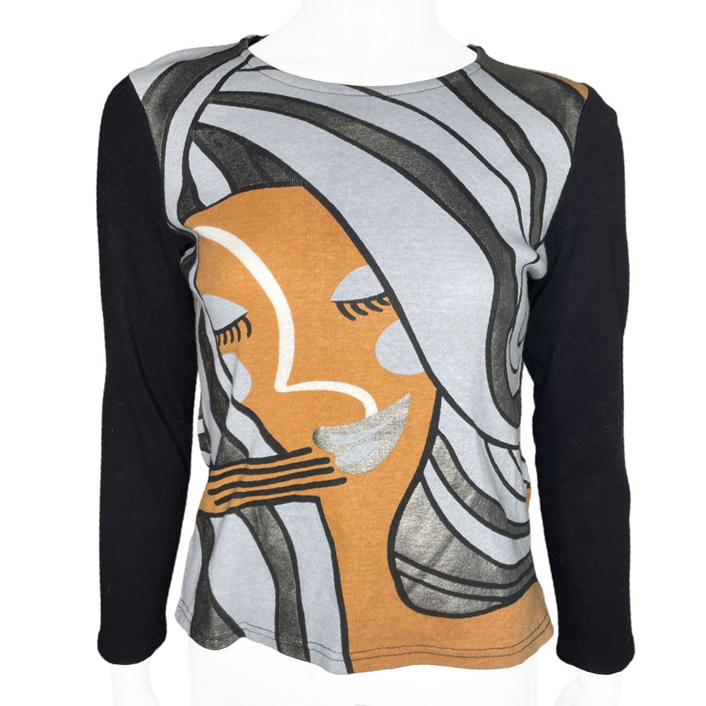 Custo Barcelona circa 1990's long sleeve crewneck tee featuring a woman's face with swirls of hair in grey and silver, solid black sleeves.