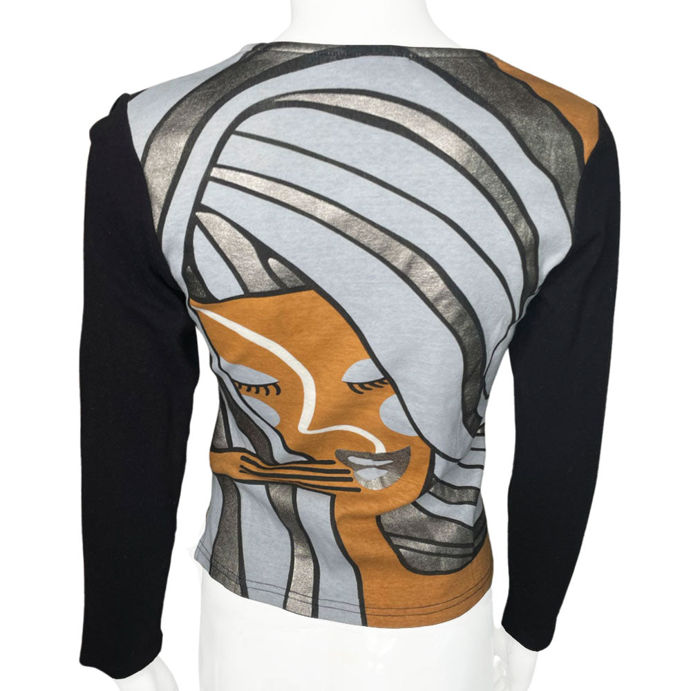 Custo Barcelona circa 1990's long sleeve crewneck tee featuring a woman's face with swirls of hair in grey and silver, solid black sleeves.