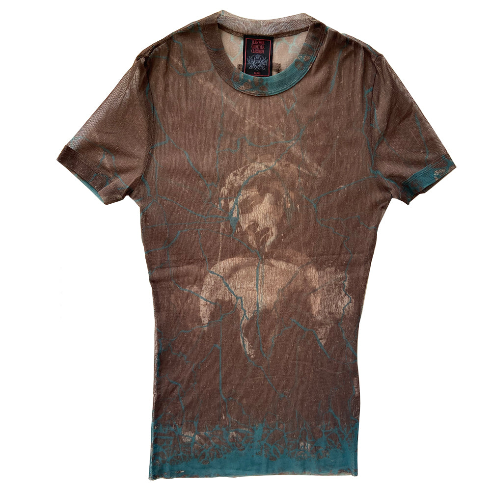 Jean Paul Gaultier statue mesh top in brown, beige, teal,blue by Jean Paul Gaultier Classique, 1990’s with crew neck, short sleeves featuring a stone statue and cracked marble on front and back. Made in Italy