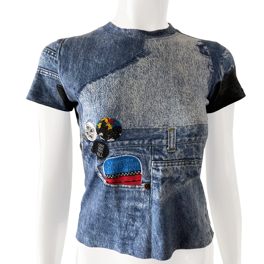 Christian Dior Miss Diorella Trompe L’oeil tee from autumn 2001 by John Galliano for Dior with short sleeve blue denim printed crew neck Illusion printed patches and zippers Fabric: 100% cotton Size: FR 40 Condition: Very good overall, interior tag has fading. Made in France
