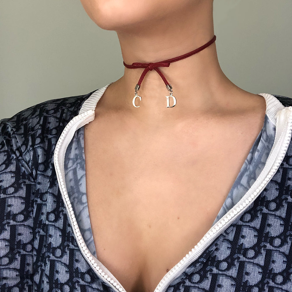 Dior Burgundy Leather CD Bow Choker