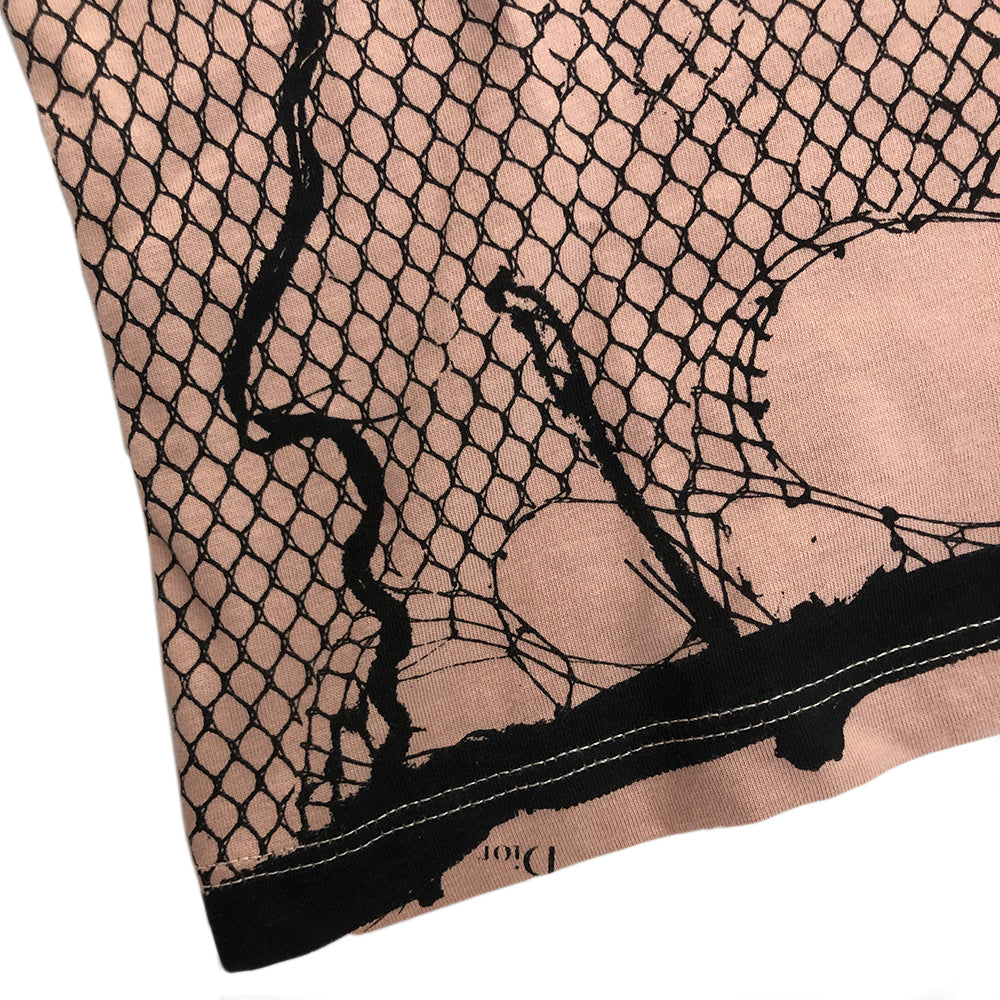 Christian Dior beige trompe L’oeil ripped fishnet logo tee with DIOR in fishnet. Never worn Made in Italy