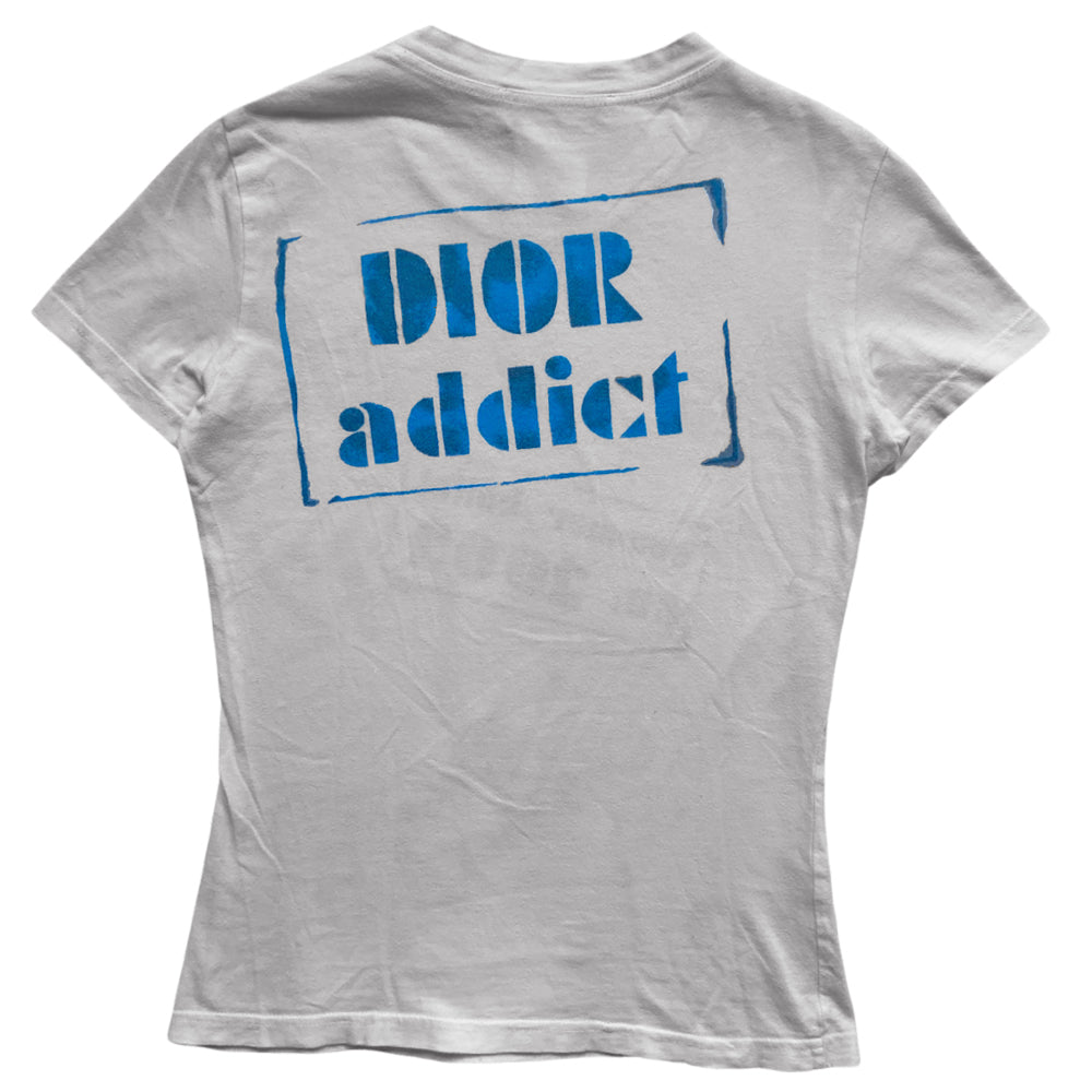 Christian Dior, Dior Addict short sleeve tee by John Galliano for Dior, Autumn 2002 white tee with various stamps in front and Dior Addict stamped in back. Made in France