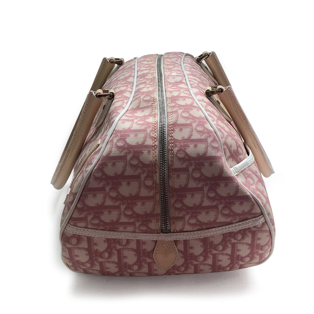 Christian Dior large tote by John Galliano, 2004. Pink monogram canvas with white leather piping, nude patent leather accent trim and number 1 on front, 2 leather rolled handles