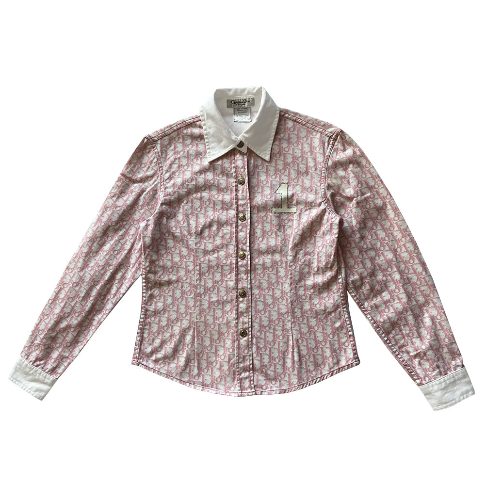 Christian Dior pink monogram long sleeve button up shirt by John Galliano for Dior, spring 2002 with white collar and cuffs, silver-tone logo snap button closure, No 1 white appliqué surrounded in crystals at front chest. Tag Size: FR38. Made in France.