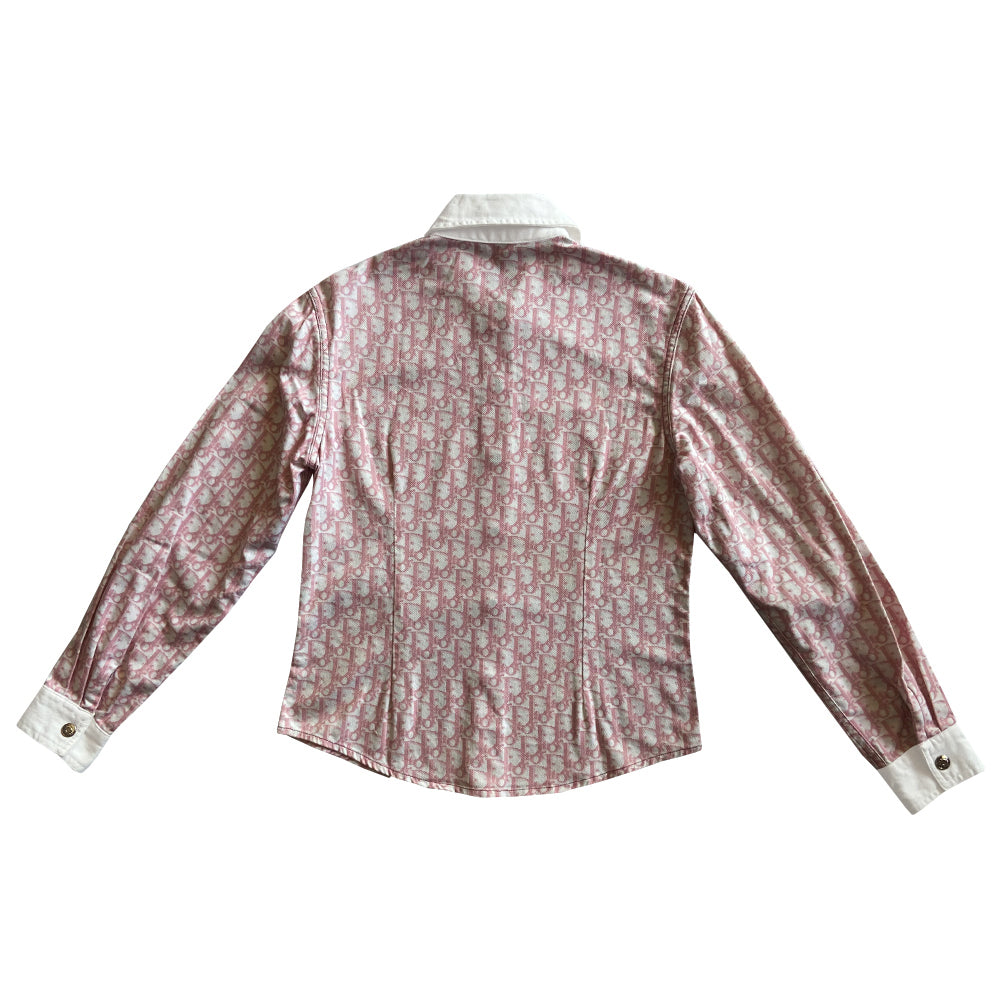 Christian Dior pink monogram long sleeve button up shirt by John Galliano for Dior, spring 2002 with white collar and cuffs, silver-tone logo snap button closure, No 1 white appliqué surrounded in crystals at front chest. Tag Size: FR38. Made in France.