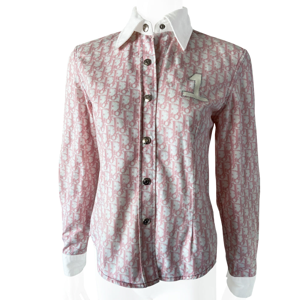 Christian Dior pink monogram long sleeve button up shirt by John Galliano for Dior, spring 2002 with white collar and cuffs, silver-tone logo snap button closure, No 1 white appliqué surrounded in crystals at front chest. Tag Size: FR38. Made in France.