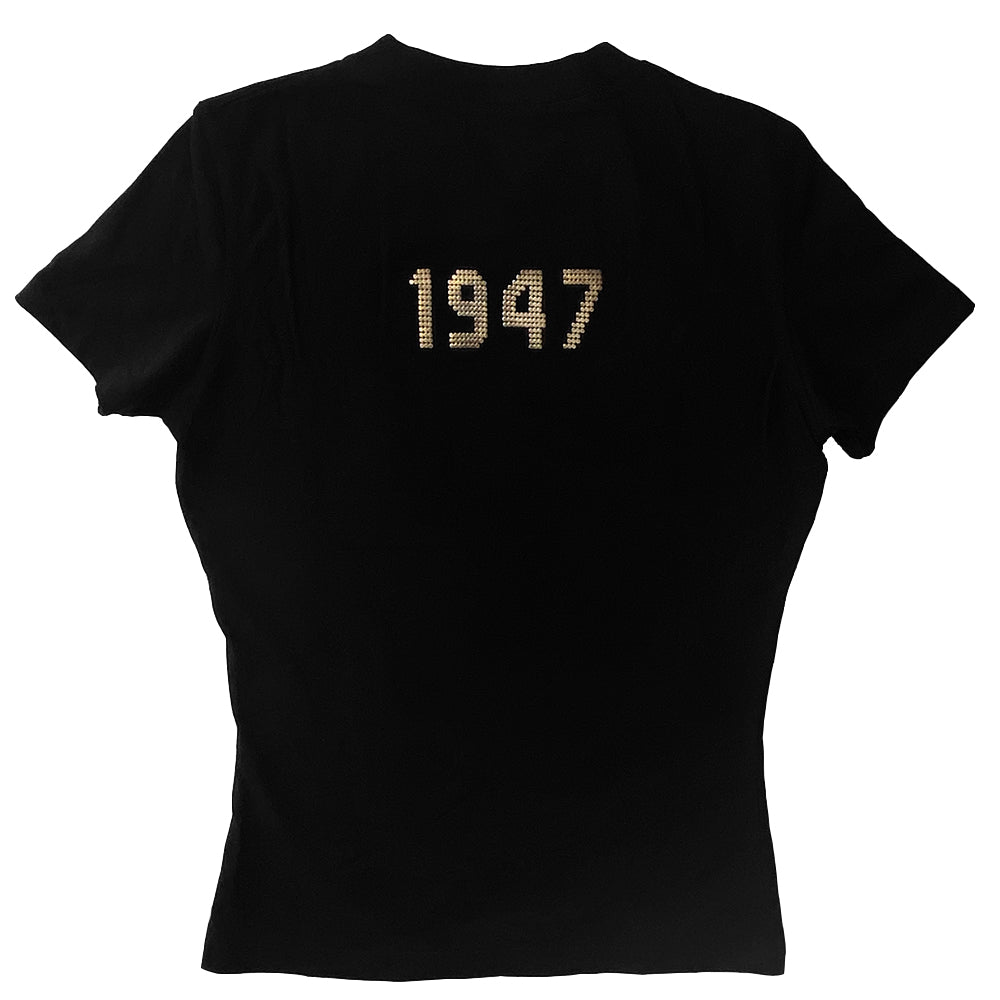 Christian Dior black short sleeve J’Adore Dior 1947 tee by John Galliano for Christian Dior, Autumn 2003 with J’Adore Dior in front and 1947 in back printed in gold chainmail. Made in Italy