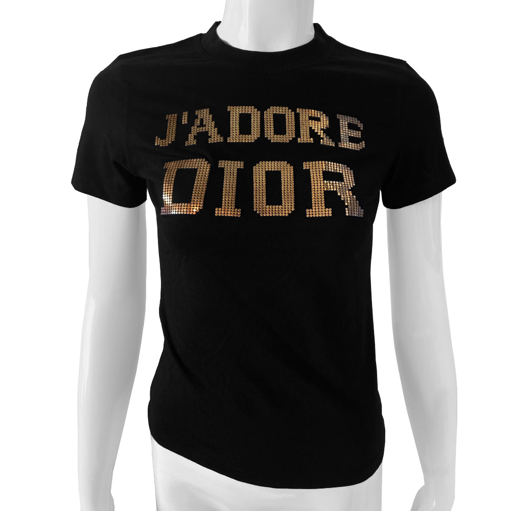 Christian Dior black short sleeve J’Adore Dior 1947 tee by John Galliano for Christian Dior, Autumn 2003 with J’Adore Dior in front and 1947 in back printed in gold chainmail. Made in Italy