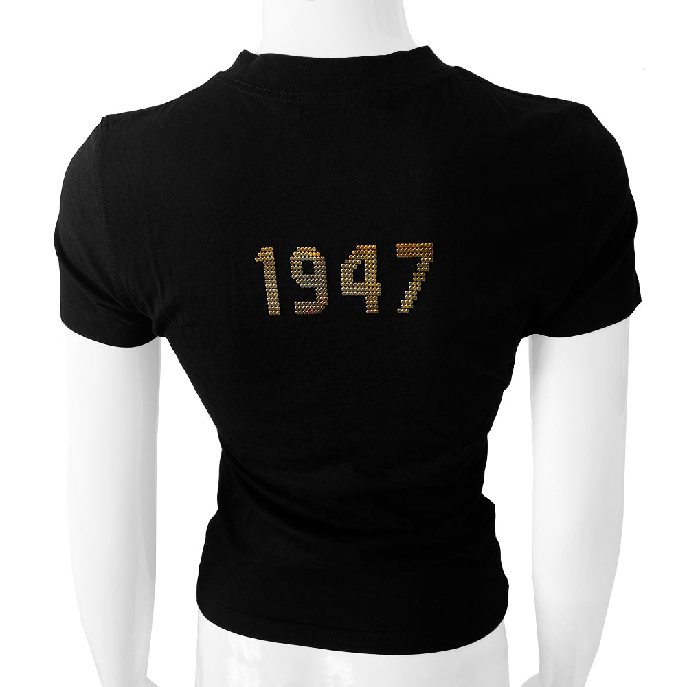 Christian Dior black short sleeve J’Adore Dior 1947 tee by John Galliano for Christian Dior, Autumn 2003 with J’Adore Dior in front and 1947 in back printed in gold chainmail. Made in Italy