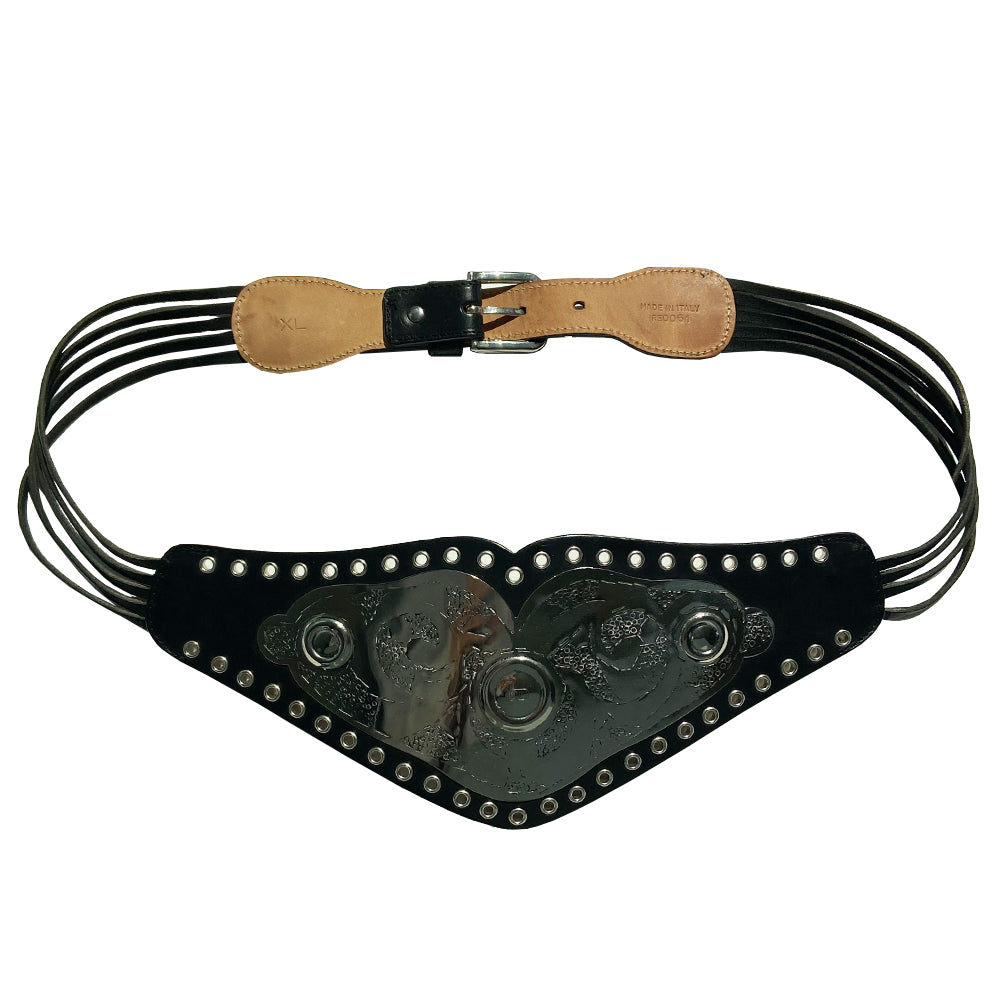 Christian Dior Championship Belt from fall 2001 RTW runway collection by John Galliano. Black leather belt with eyelets surrounding the large embossed silver-tone engraved metal plate with CD logo at center. Leather strands connect to end pieces with silver-tone CD engraved buckle with 6 adjustment holes. Made in Italy