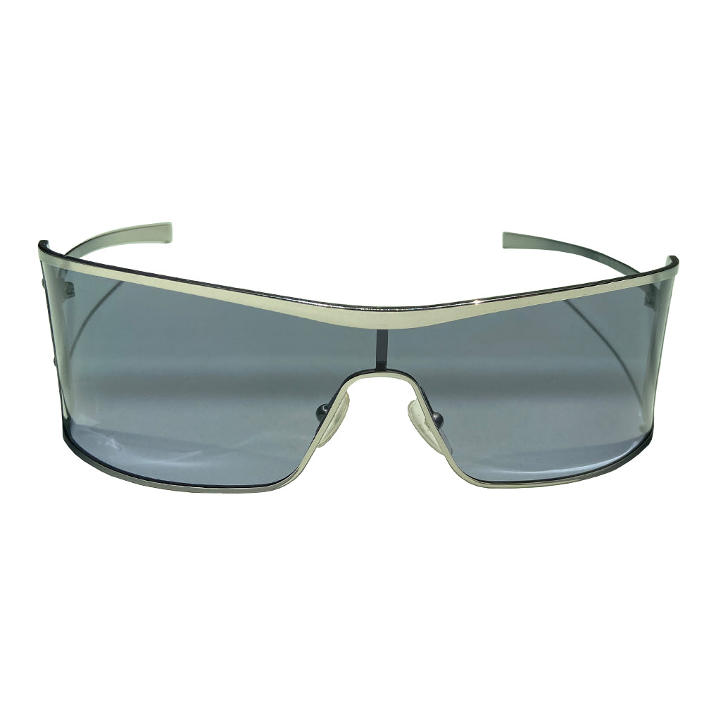 Christian Dior Ragga 2 sunglasses with wrap around silver-tone chrome style frames and arms with grey lens. Embossed Dior logo between 2 screws at each outer frame edge Style: Ragga 2 KJ3 115. Case included. Excellent condition with no scratches on glasses, case in fair condition. Made in Italy
