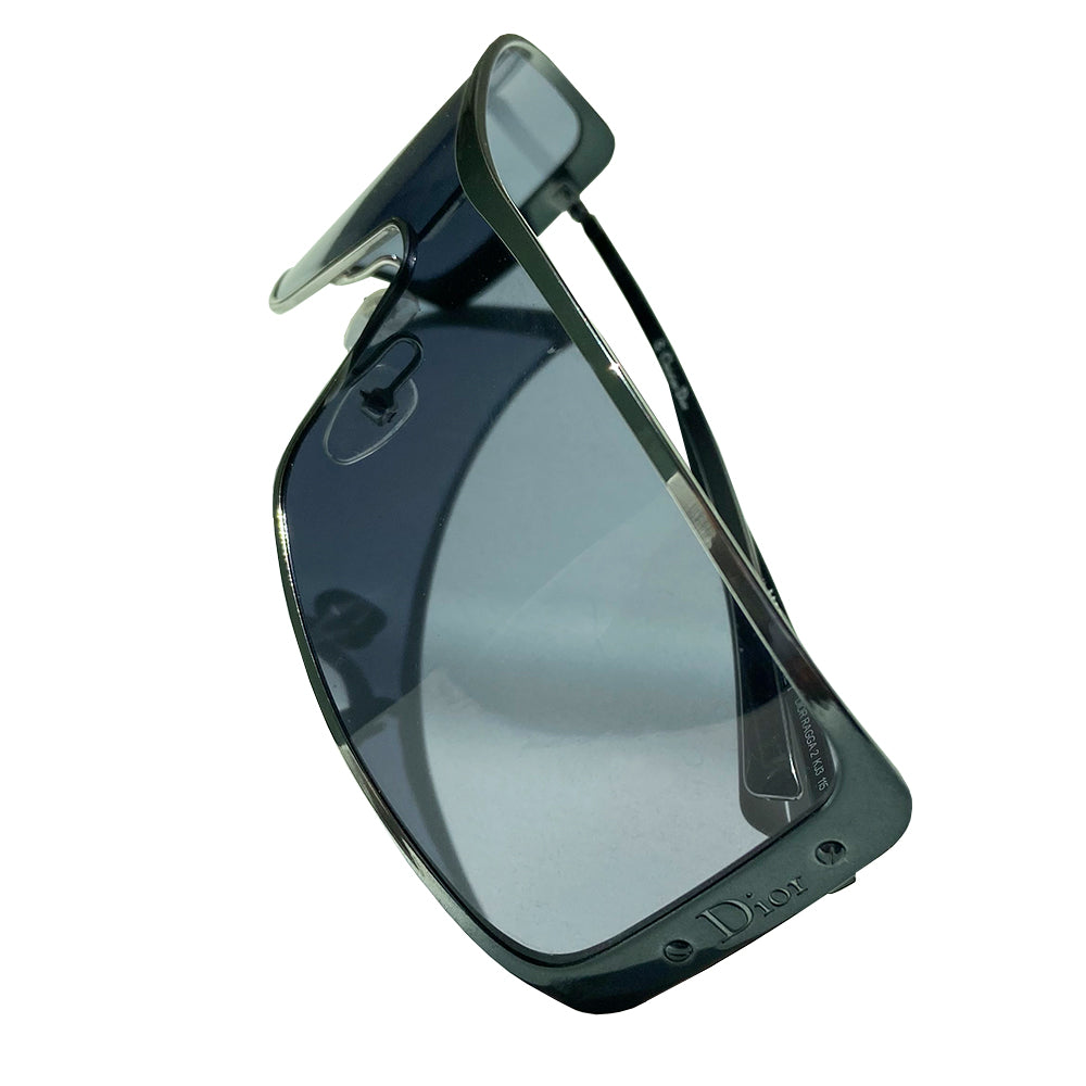 Christian Dior Ragga 2 sunglasses with wrap around silver-tone chrome style frames and arms with grey lens. Embossed Dior logo between 2 screws at each outer frame edge Style: Ragga 2 KJ3 115. Case included. Excellent condition with no scratches on glasses, case in fair condition. Made in Italy