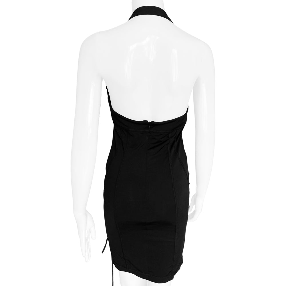 Christian Dior black corset halter dress by John Galliano for Dior, summer 2004. Dior engraved buckle and star adornment on adjustable halter strap attached to laced grommeted bustier, laced grommets at sides, back zipper closure. Made in France