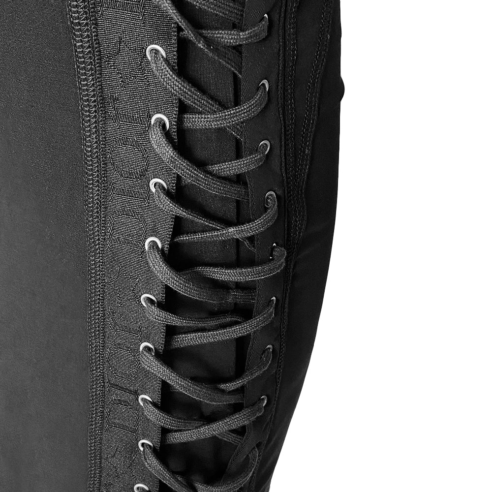 Christian Dior black corset halter dress by John Galliano for Dior, summer 2004. Dior engraved buckle and star adornment on adjustable halter strap attached to laced grommeted bustier, laced grommets at sides, back zipper closure. Made in France