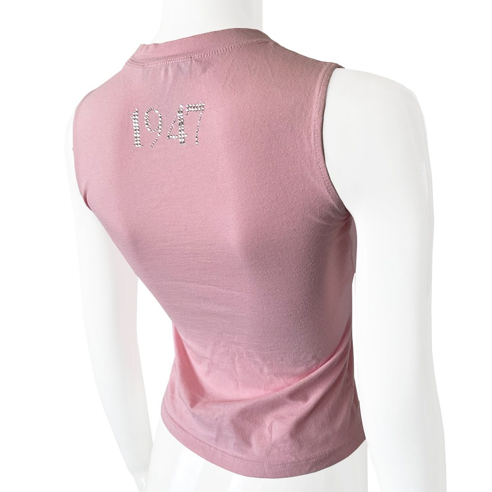 Christian Dior Crystal J’Adore Dior Pink 1947 Sleeveless Tee John Galliano for Christian Dior circa 2001 Sleeveless with crew neck with crystal lettering front and back J’Adore Dior in front with 1947 on back Size: FR 38 Condition: Small repair in front as shown Made in France
