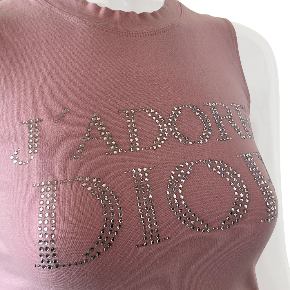 Christian Dior Crystal J’Adore Dior Pink 1947 Sleeveless Tee John Galliano for Christian Dior circa 2001 Sleeveless with crew neck with crystal lettering front and back J’Adore Dior in front with 1947 on back Size: FR 38 Condition: Small repair in front as shown Made in France