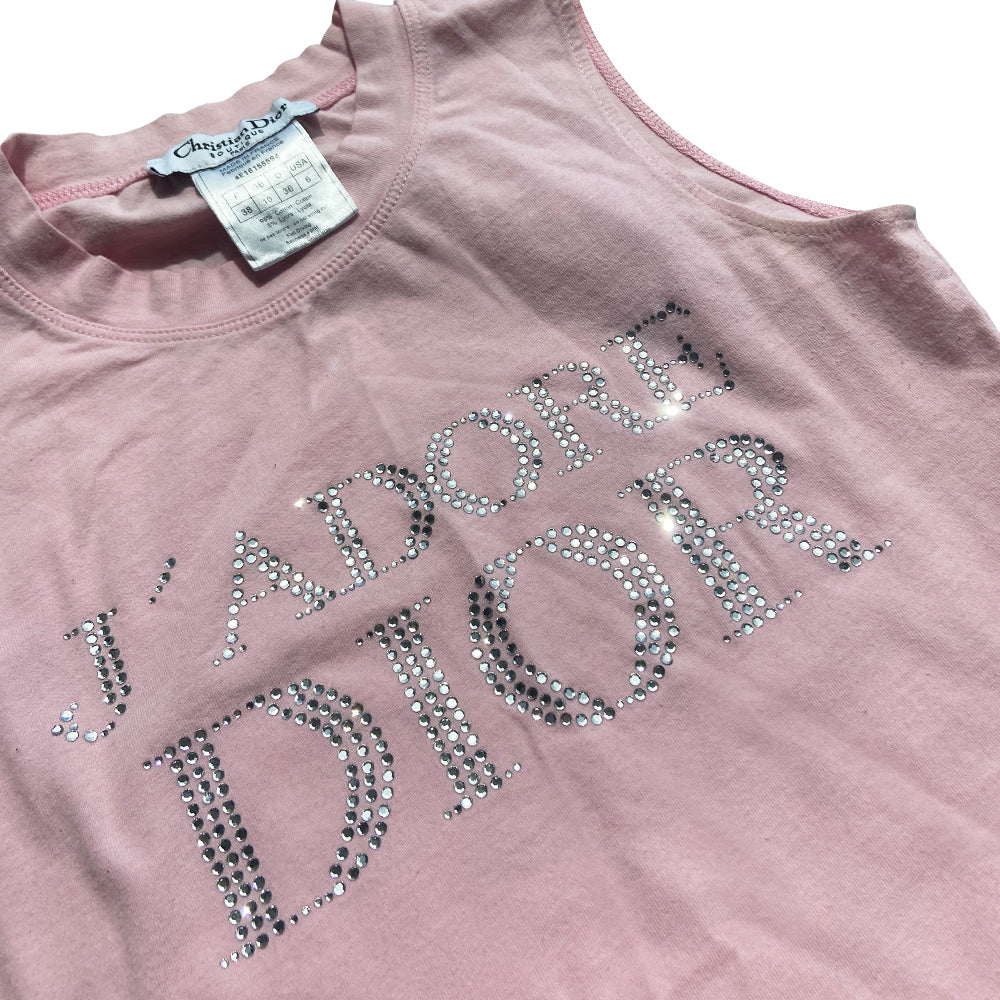 Christian Dior Crystal J’Adore Dior Pink 1947 Sleeveless Tee John Galliano for Christian Dior circa 2001 Sleeveless with crew neck with crystal lettering front and back J’Adore Dior in front with 1947 on back Size: FR 38 Condition: Small repair in front as shown Made in France