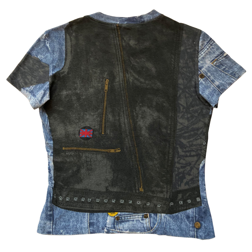 Christian Dior Miss Diorella Trompe L’oeil tee from autumn 2001 by John Galliano for Dior with short sleeve blue denim printed crew neck Illusion printed patches and zippers Fabric: 100% cotton Size: FR 40 Condition: Very good overall, interior tag has fading. Made in France