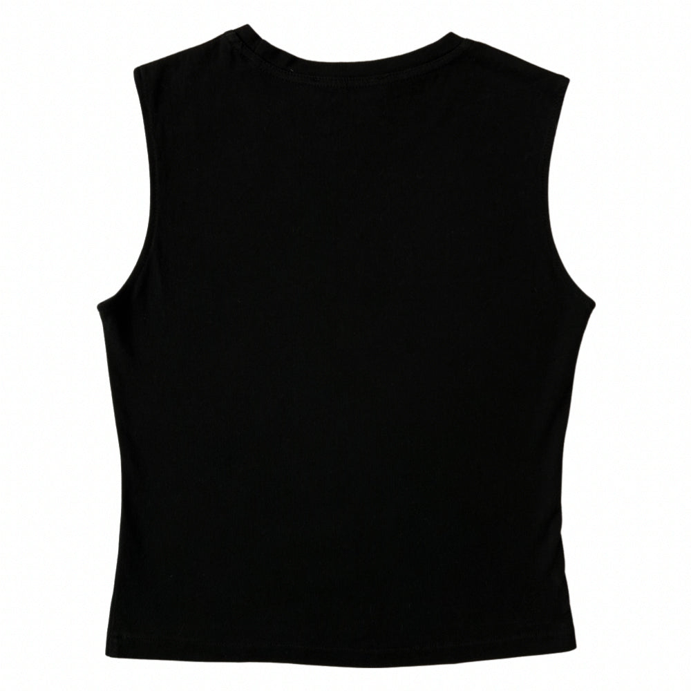 Christian Dior black sleeveless tee with trompe l’oeil frayed faded denim front Dior logo letters by John Galliano for Dior, spring 2003. Made in France