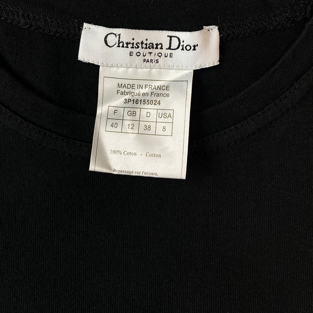Christian Dior black sleeveless tee with trompe l’oeil frayed faded denim front Dior logo letters by John Galliano for Dior, spring 2003. Made in France