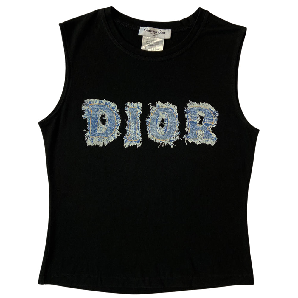 Christian Dior black sleeveless tee with trompe l’oeil frayed faded denim front Dior logo letters by John Galliano for Dior, spring 2003. Made in France
