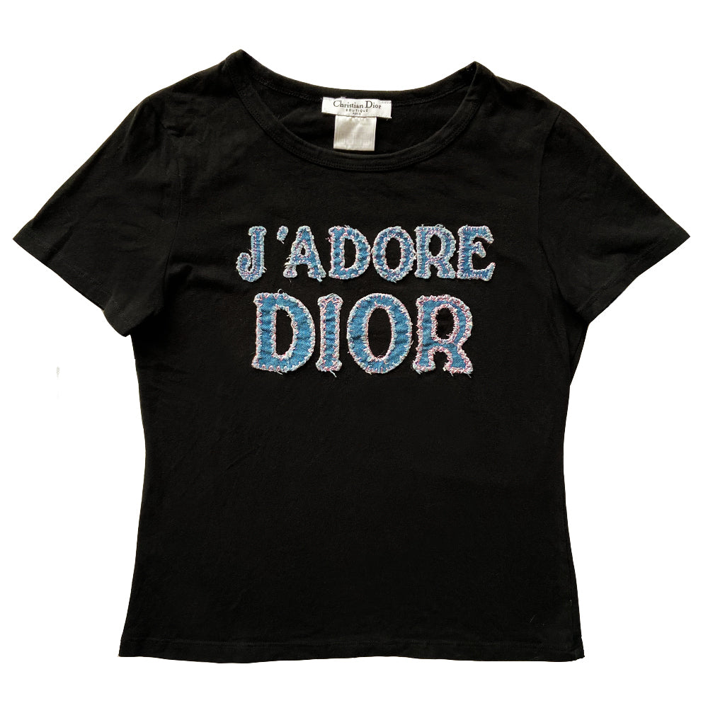 J'adore Dior denim appliqué short sleeve black tee by John Galliano for Dior, spring 2002 with light blue frayed denim Dior appliqué with contrast pink embroidered stitching in front and No 1 in back. Made in France
