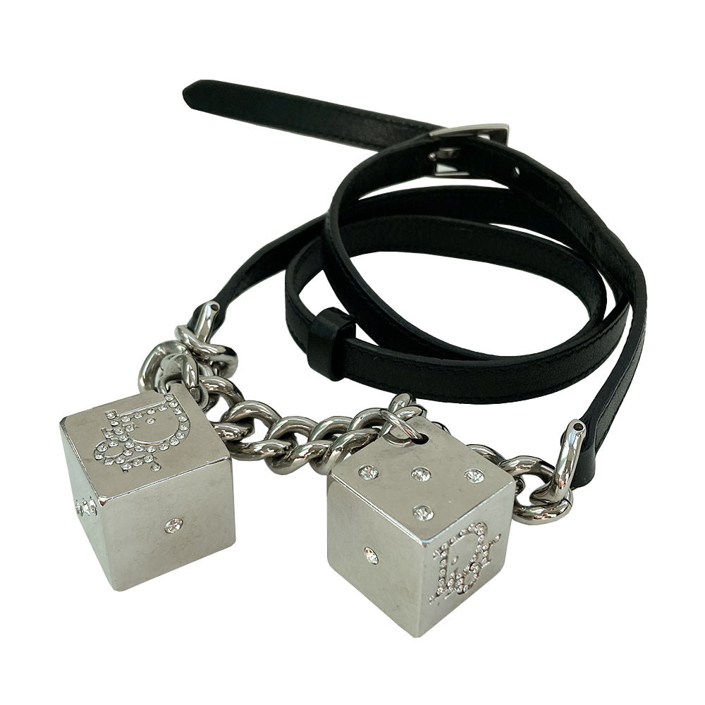 Christian Dior Crystal Chain Link Dice Belt F/W 2004 by John Galliano for Dior. Leather with silver chain accent diamante embellished Dior logo silver dice. Black leather adjustable slider loop. Silver CD Engraved Buckle. Light wear on dice; not noticeable when wearing.