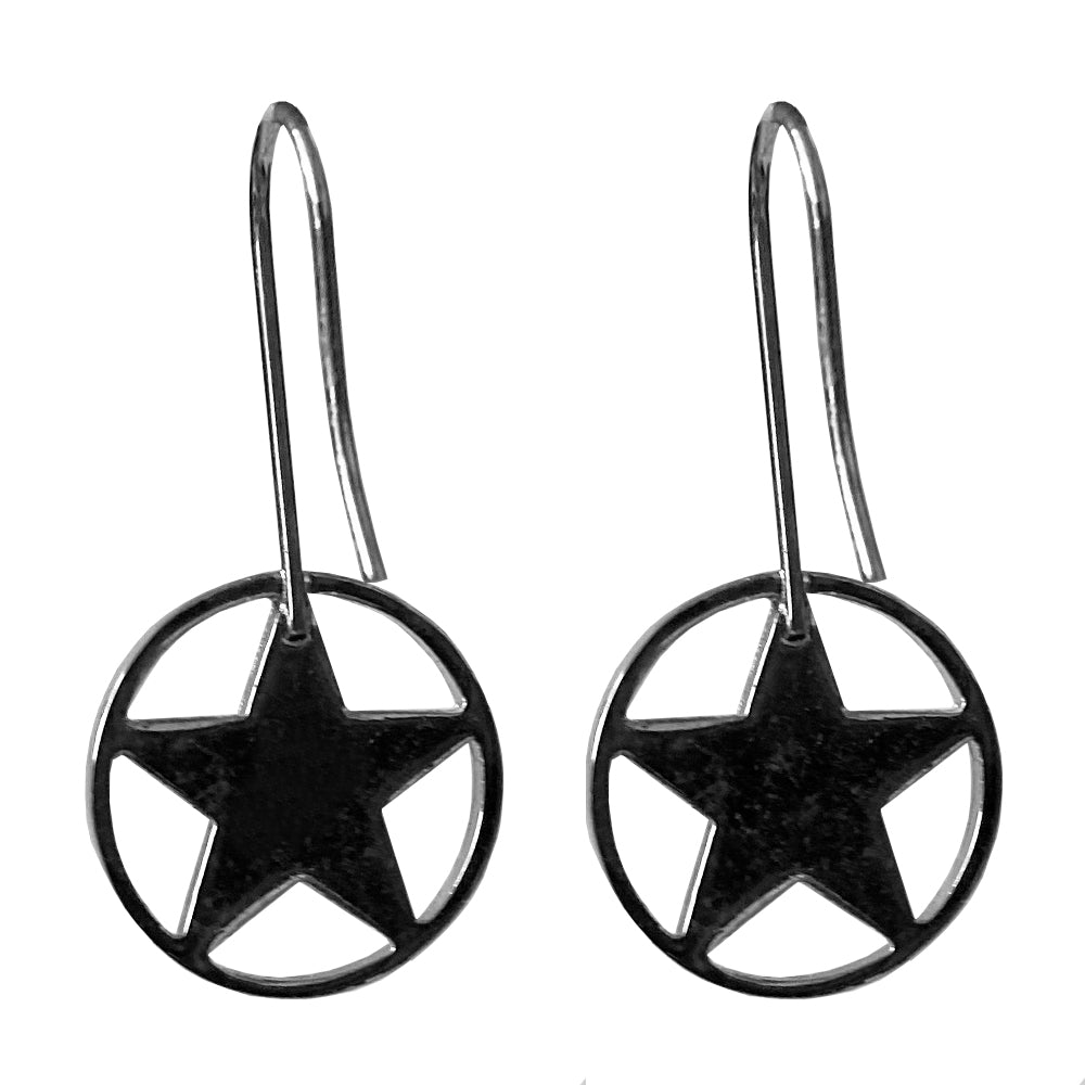 Christian Dior hook style drop earrings featuring a blue enamel logo cut out star surrounded by a silver-tone metal circle.