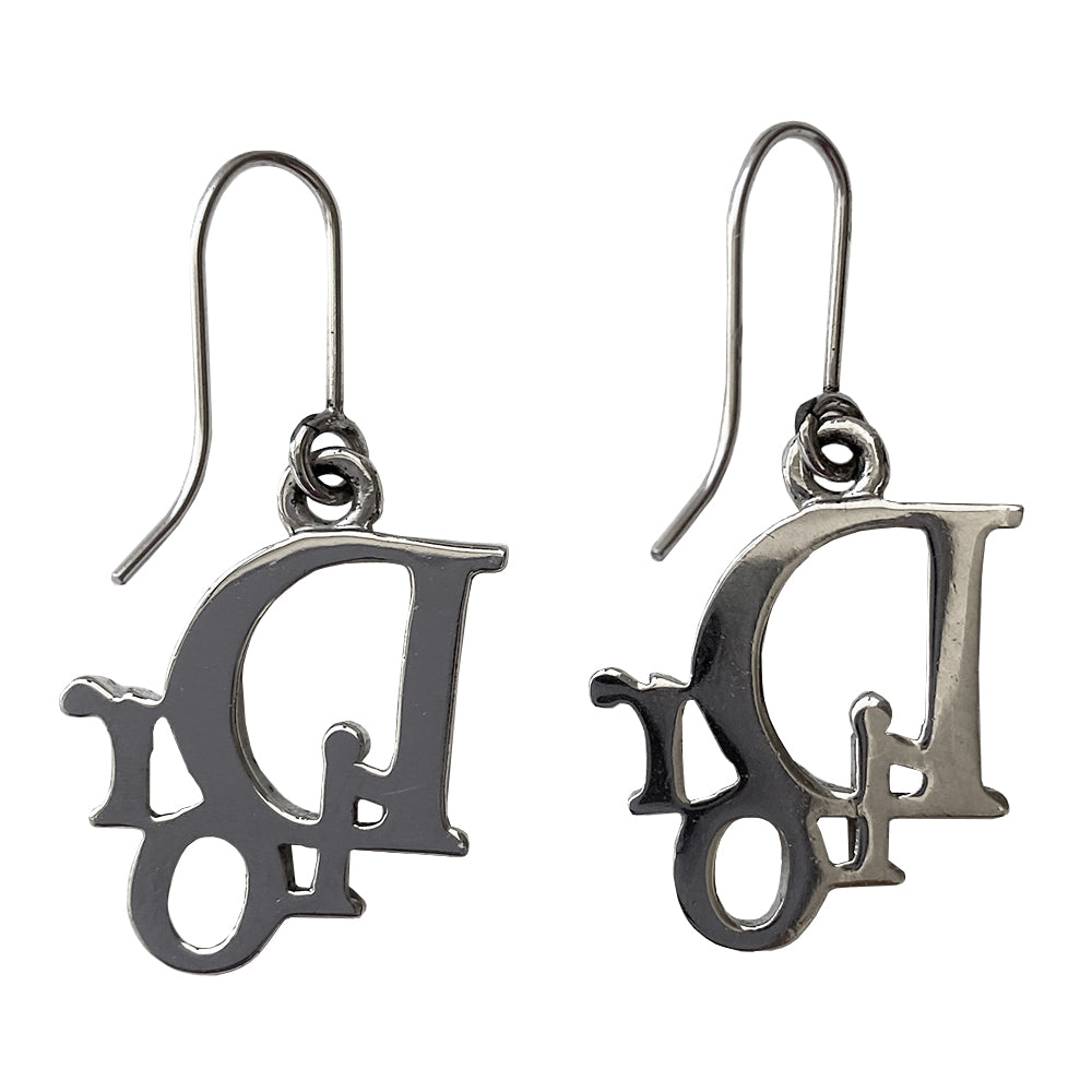 Christian Dior pink crystal embellished hook style earrings. Blush color crystals inset into silver-tone logo earrings.