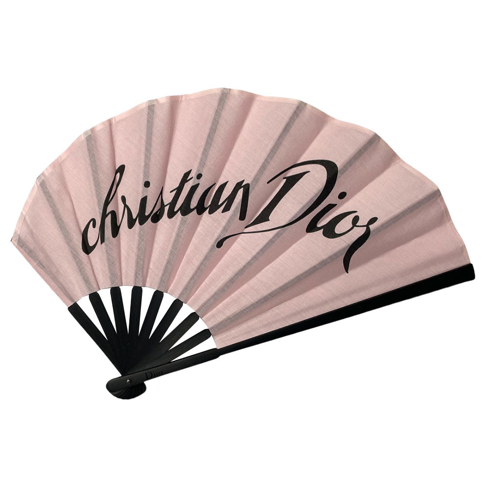 Christian Dior Folding Hand Fan Christian Dior logo printed stiff fabric Dior hand fan in pink with black bamboo. Made in France