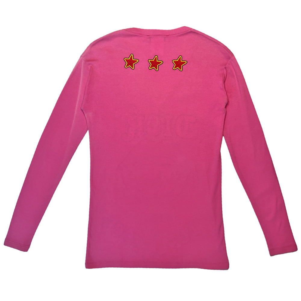 Dior for Peace fuchsia long sleeve V neck tee by John Galliano for Christian Dior, spring 2005 runway with vibrant front and back appliqué, embroidered tonal and contrast accent thread at edges. Made in France