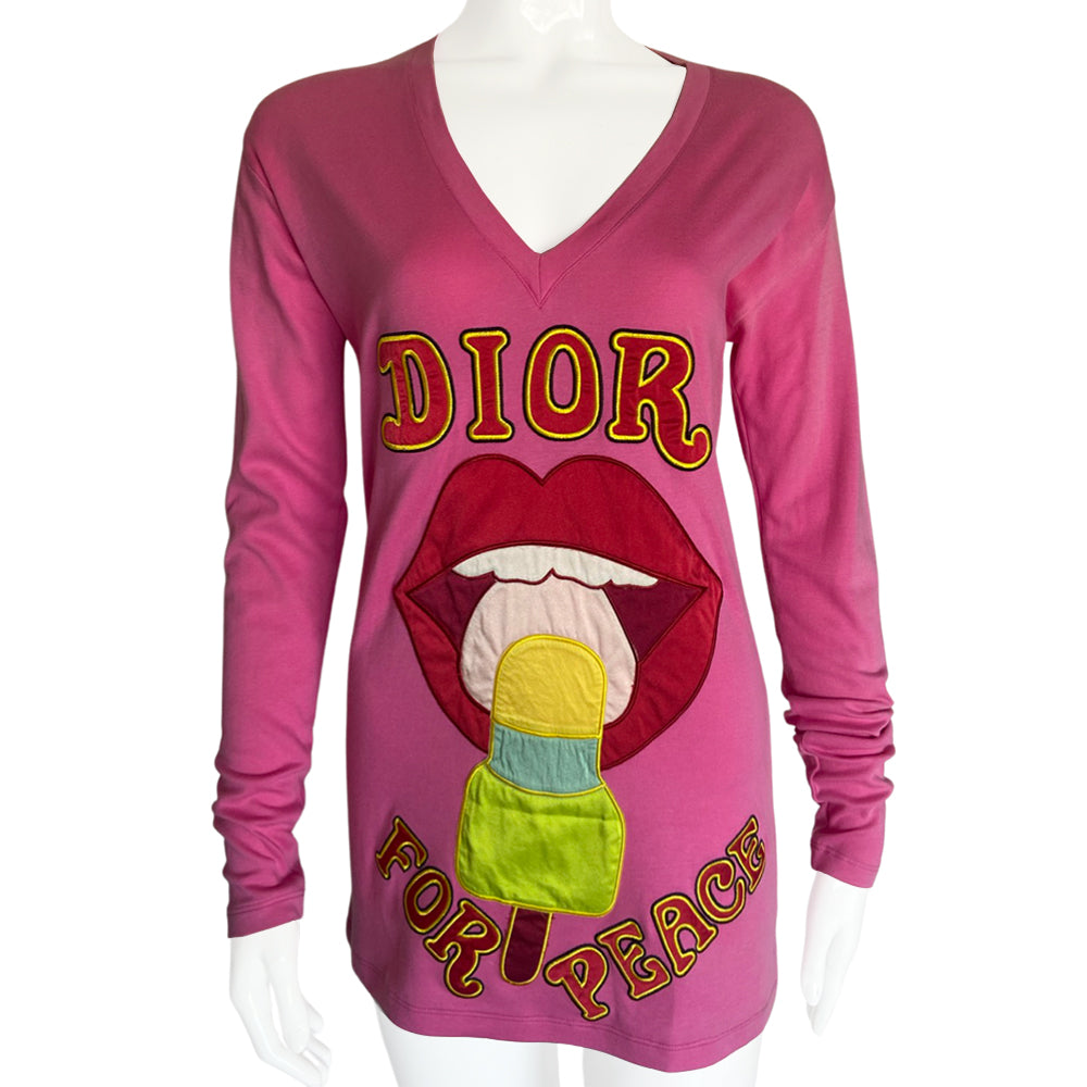 Dior for Peace fuchsia long sleeve V neck tee by John Galliano for Christian Dior, spring 2005 runway with vibrant front and back appliqué, embroidered tonal and contrast accent thread at edges. Made in France
