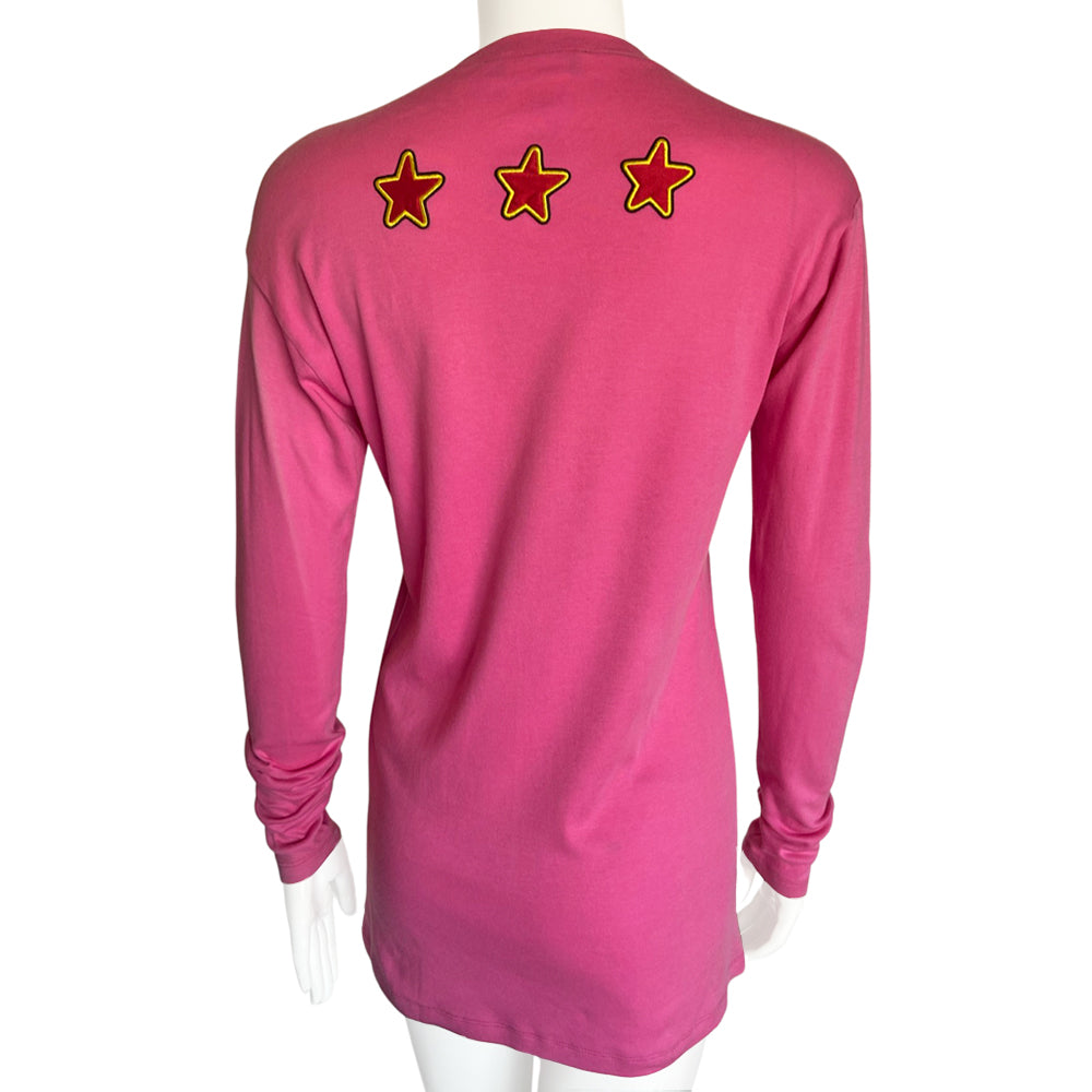 Dior for Peace fuchsia long sleeve V neck tee by John Galliano for Christian Dior, spring 2005 runway with vibrant front and back appliqué, embroidered tonal and contrast accent thread at edges. Made in France