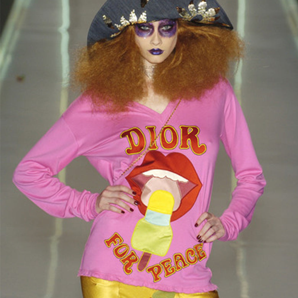 Dior for Peace fuchsia long sleeve V neck tee by John Galliano for Christian Dior, spring 2005 runway with vibrant front and back appliqué, embroidered tonal and contrast accent thread at edges. Made in France