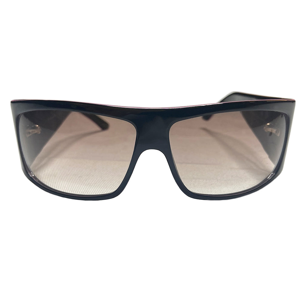 Christian Dior Your Dior 1 sunglasses with black wrap frame and embedded pink pinstripe, wide arms and pink Dior logo embossed at each, grey gradient lenses. Made in Italy