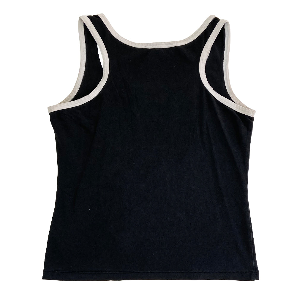 Christian Dior rare Gothic Script Tank circa 2002 by John Galliano for Dior Super soft stretch fabric with piping at neckline and arm holes. Color: Black with white script lettering and accent. Fabric: 95% Cotton, 5% Lycra Made in Italy Missing size tag Nape of Neck to Bottom Hem (in) 18.5" Chest approx (in) 16"