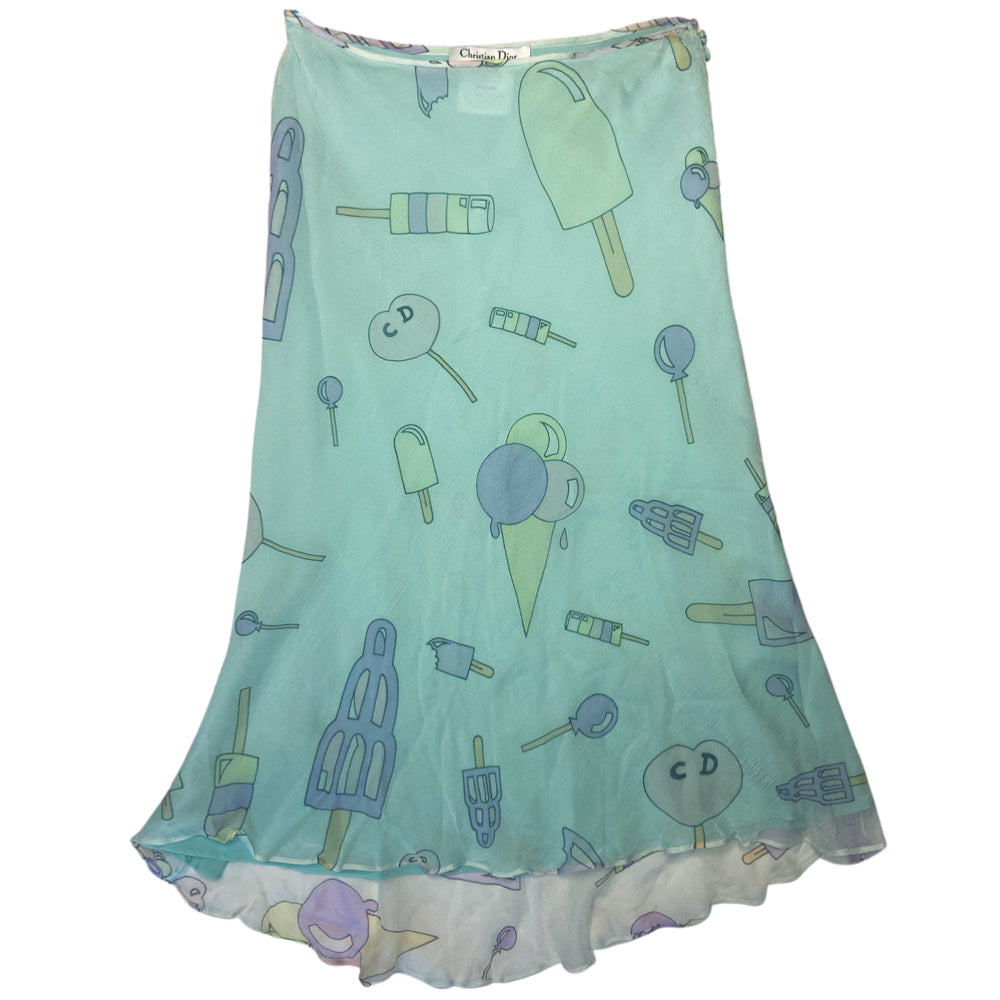 Christian Dior teal blue silk chiffon skirt John Galliano for Dior, spring 2002 with all over pink, yellow, purple printed ice cream and CD logo treats. Tiny covered button and loop side closure. Made in France