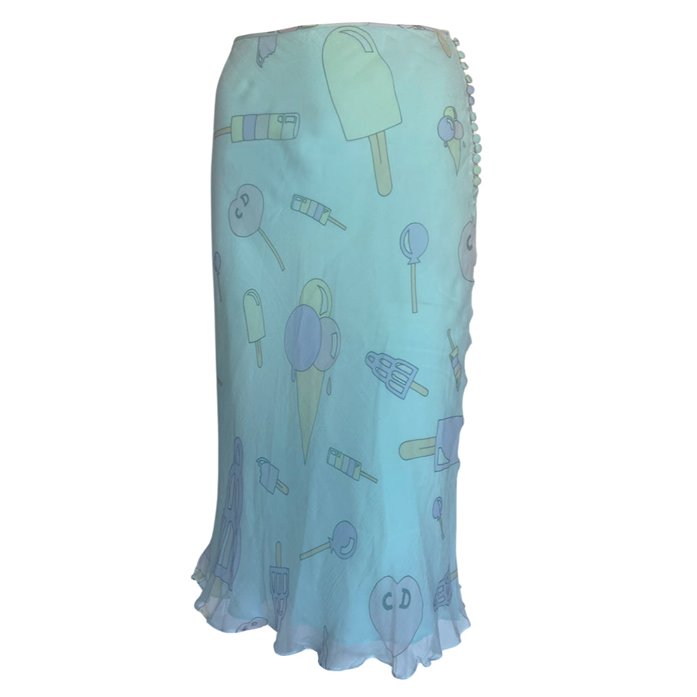Christian Dior teal blue silk chiffon skirt John Galliano for Dior, spring 2002 with all over pink, yellow, purple printed ice cream and CD logo treats. Tiny covered button and loop side closure. Made in France