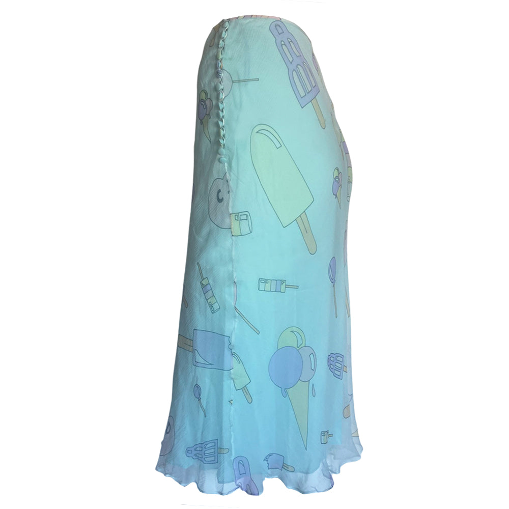 Christian Dior teal blue silk chiffon skirt John Galliano for Dior, spring 2002 with all over pink, yellow, purple printed ice cream and CD logo treats. Tiny covered button and loop side closure. Made in France