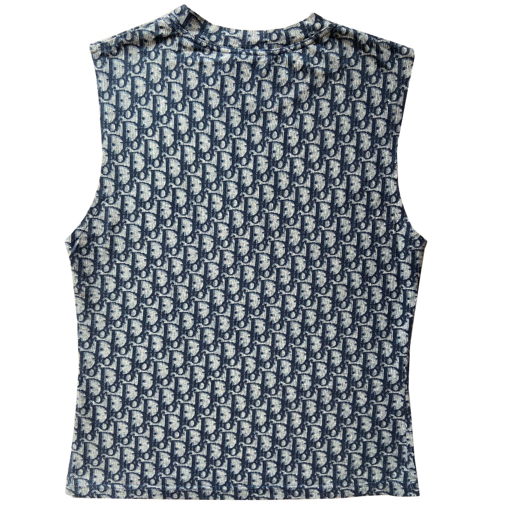Christian Dior navy monogram tank by John Galliano for Christian Dior, spring 2002 with 2 white side stripes. Made in France